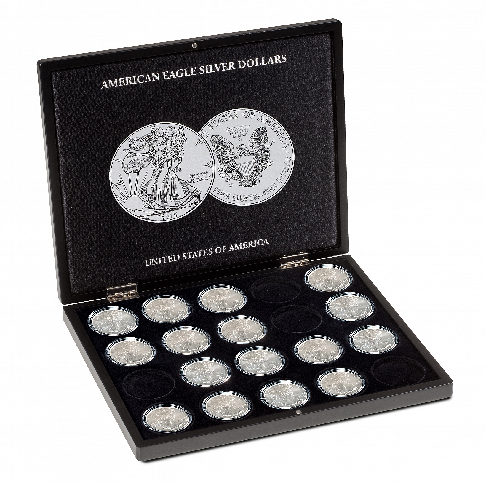 Mincovní kazeta ETUE na 20 stříbrných mincí AMERICAN EAGLE 1 Oz v kapslích
