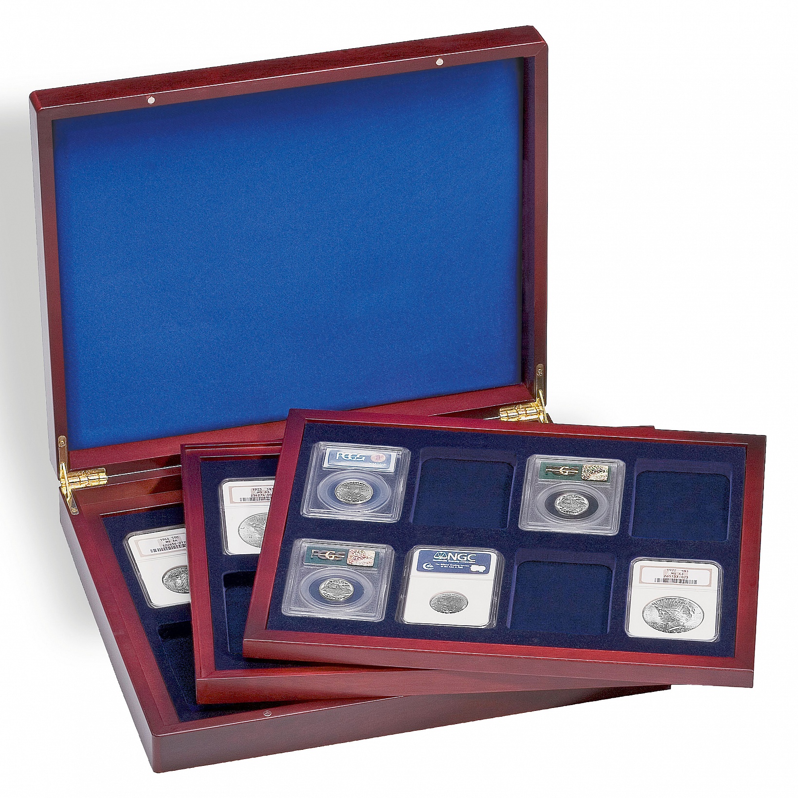 Dřevěná mincovní kazeta / etue pro 24 mincí v krabičkách 60 x 85 mm