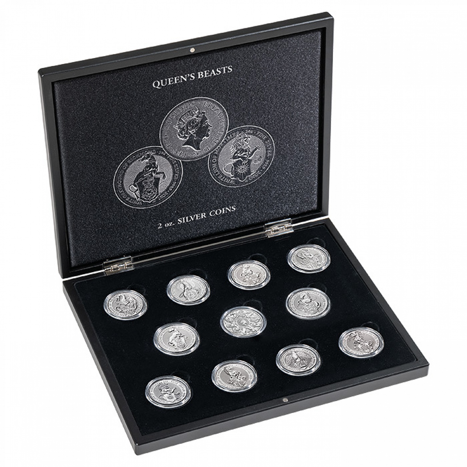 Mincovní kazeta ETUE na 11 stříbrných mincí 2 Oz v kapslích QUEEN’S BEASTS 