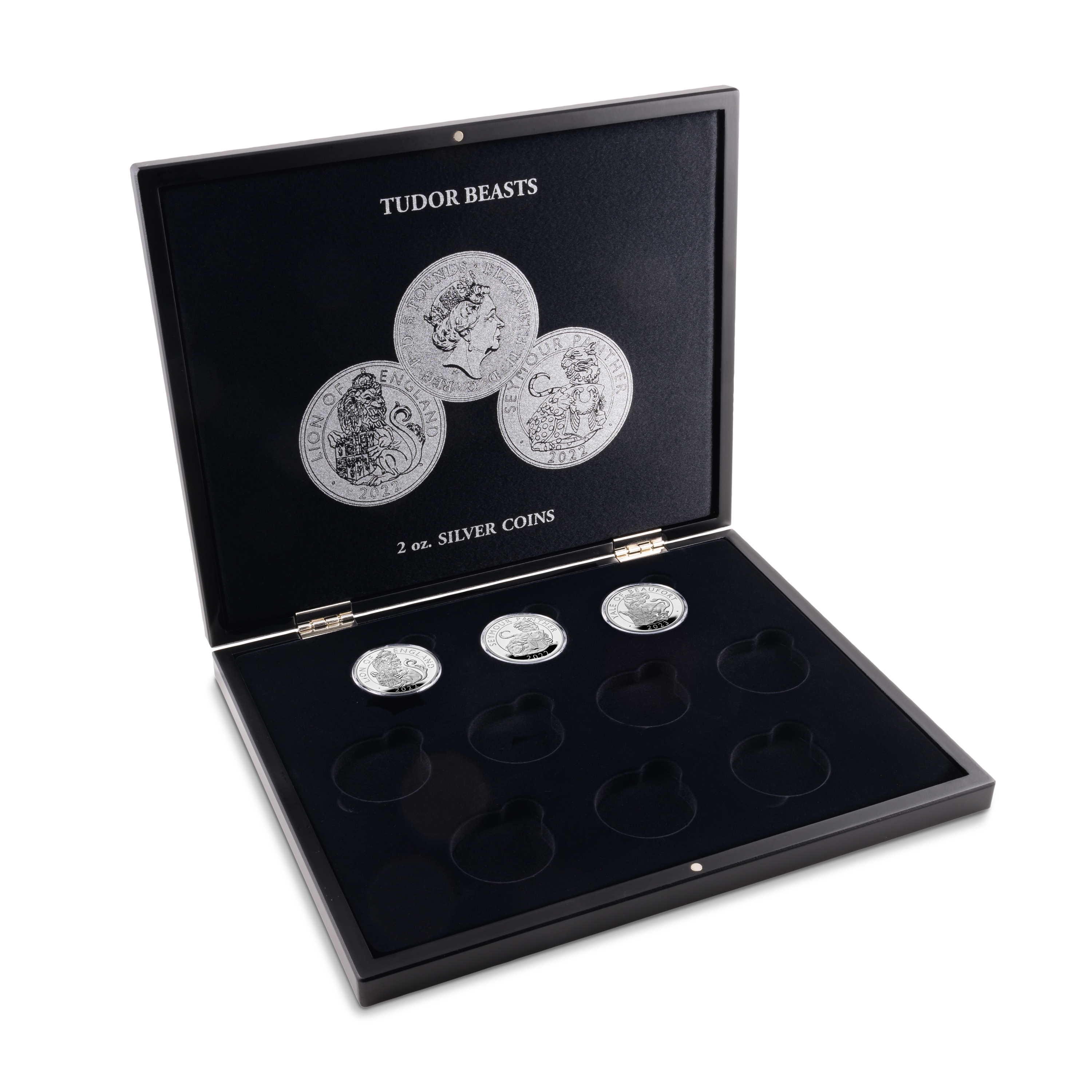 Mincovní kazeta ETUE na 10 stříbrných mincí 2 Oz v kapslích TUDOR BEASTS