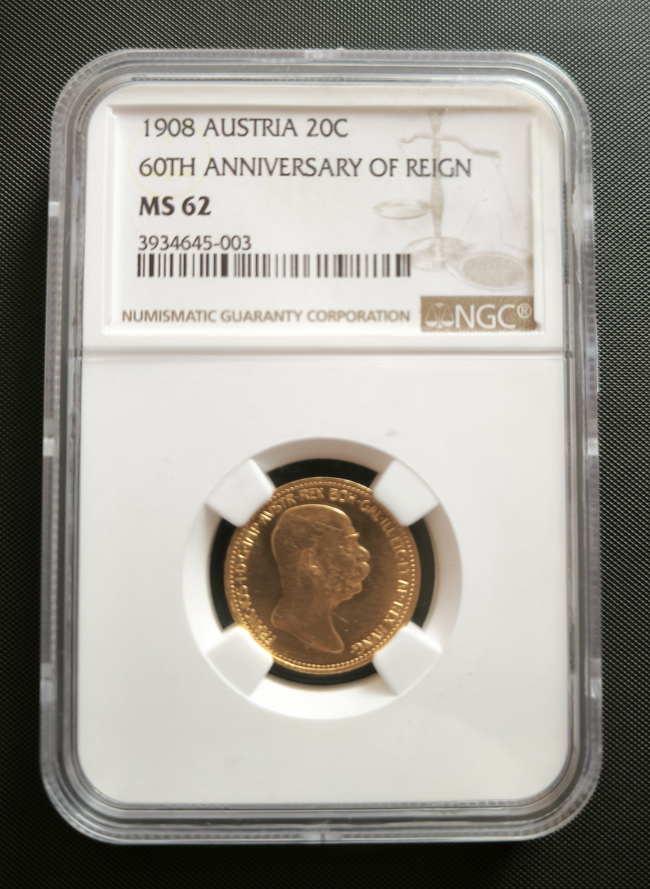 20 Koruna 1908 JUBILEJNÍ k 60. letům vlády FJI - certifikace NGC MS62 